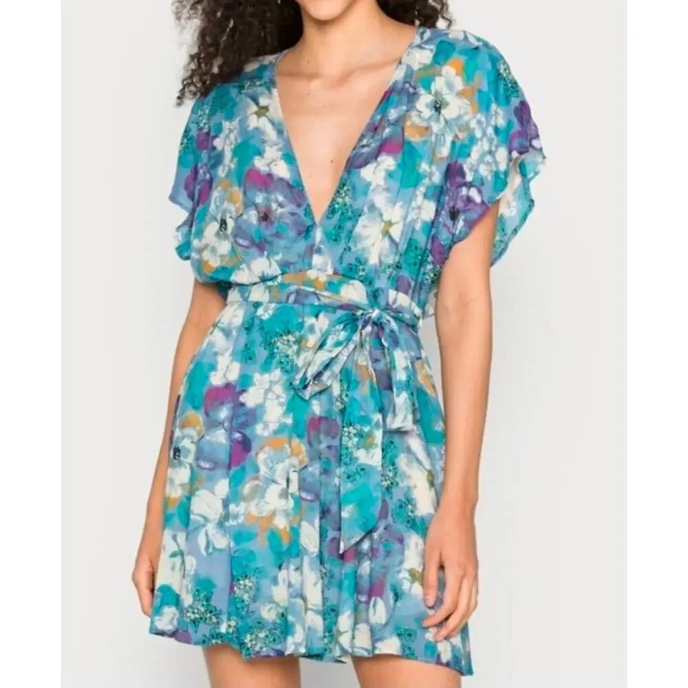 Free People Large Blue Floral V Neck Freddy Tie Mini Dress
